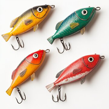 Picture of colorful fish shaped plug baits with 3 way hooks. Fishing equipment isolated on white background.