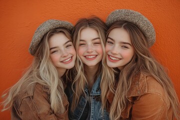 on an orange background, a mother and two daughters are happy