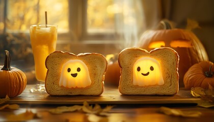 Festive Halloween breakfast for two with ghostshaped decor on toast, surrounded by pumpkins and cheerful drinks, illuminated by warm morning light on a wooden dining table