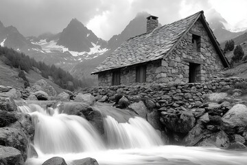 Wall Mural - Waterfall in a valley with an ancient house, Caglieron caves, Veneto, Italy, with black and white effect