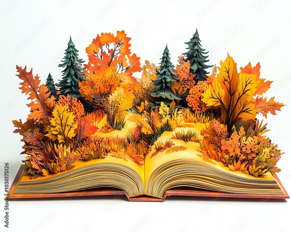 Whimsical open book showcasing a stunning popup autumn scene, with ...