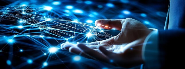 Poster - Conceptual illustration of a woman touching a digital transformation concept for the next generation of technology.