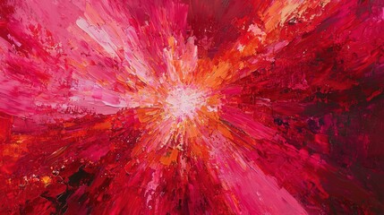 An abstract painting with bursts red and pink hues radiating from the center