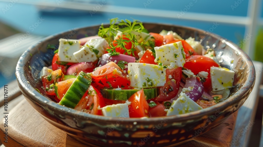 Freshly prepared garden salad with vibrant vegetables and herbs in a rustic bowl