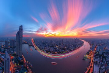 Poster - a smart city concept with a glow line surrounding the city. big data connection technology is also s