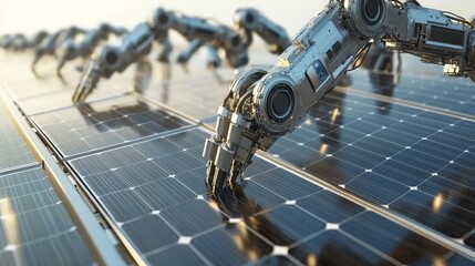 Poster - Integrated Manufacturing Facility with Large Production Line Powered by Industrial Robot Arms. Solar Panels are being assembled on conveyors.