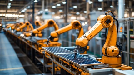 Poster - The production line of the modern bright factory uses industrial robot arms to assemble solar panels on a conveyor.