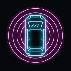 Poster - Glowing neon line police electric shocker icon isolated on black background. Vector