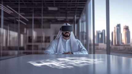 Poster - A man is seated at a table in an office, wearing a VR headset and looking at the projected hologram on the table. He is wearing traditional Middle Eastern clothing.