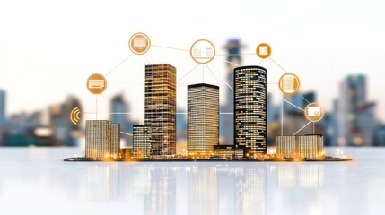 Poster - Urban Skyline with Digital Connectivity Symbols