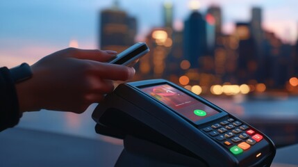 Poster - A person is using a mobile payment app on their smartphone while standing near a payment terminal. The vibrant city skyline is visible, lit up during twilight, creating a dynamic atmosphere.