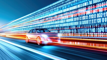 Poster - Futuristic Car with Speed and Digital Data Visualization