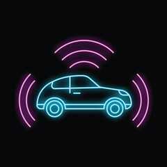 Poster - Blue neon icon of a car sharing its location with a wireless signal on a black background