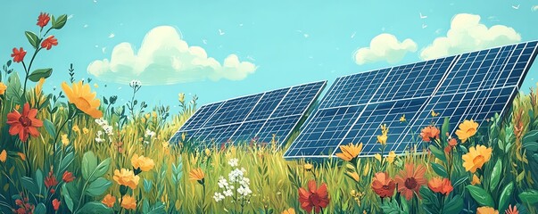 Here are 10 SEOoptimized prompts for a handdrawn illustration featuring solar panels with plants and a rural backdrop