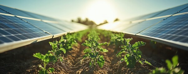 Impressive agrivoltaic concept with flourishing plants beneath solar panels, emphasizing sustainable practices and environmental stewardship