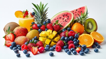 Wall Mural - A colorful assortment of fresh fruits displayed artistically on a white background