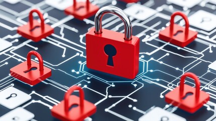 Poster - Digital Security Concept With Red Padlocks and Circuitry