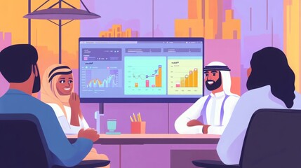 Poster - A group of diverse professionals engages in a dynamic discussion around a conference table, analyzing data trends on digital screens in a contemporary city office.