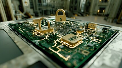 Poster - Secure Digital Circuit Board with Lock Symbols
