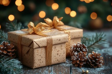 Wall Mural - Bokeh garlands on a christmas background with gift boxes and pine cones