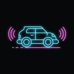 Poster - Neon icon of a blue car emitting radio waves, isolated on a black background