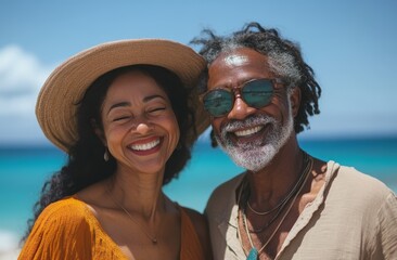 Funny couple on retirement holiday, adventure and romantic trip in nature to relax and travel in nature. Seniors are laughing on the beach with happiness, freedom and love on vacation.