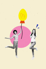 Poster - Vertical composite artwork collage image picture of two girl hold light bulb balloon isolated on creative background