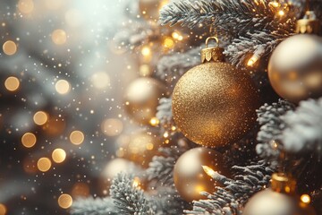 Poster - Snow, fir tree, decorations and Christmas lights behind a Christmas holiday background