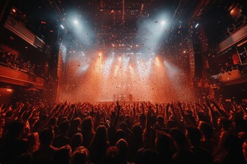 Poster - Party, celebration, concert, stage, club, event, night, festival, nightclub, performance. The nightclub on the stage has smoke and fire. Now for the concert festival. All hands up!