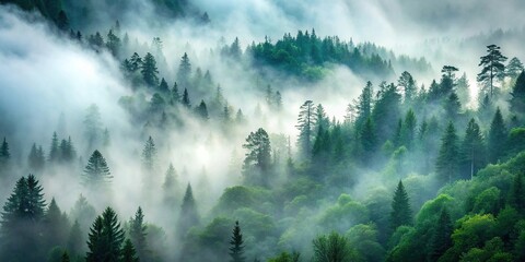 Wall Mural - misty forest landscape with fog