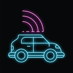 Poster - Neon icon of a connected car emitting a wifi signal, in blue and pink