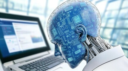 Poster - Futuristic Robot Head with Digital Interface Concept