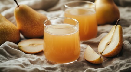 Wall Mural - Refreshing pear juice served in glasses alongside fresh pears on a beige linen cloth