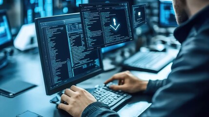 Poster - Programmer Working on Multiple Monitors in Office