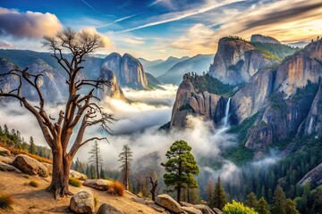 Wall Mural - misty mountain cliffs with bare trees in foreground