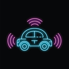 Poster - Neon icon of an autonomous self driving vehicle using sensors to navigate