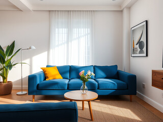 modern living room with blue sofa, white curtain, minimalist interior design