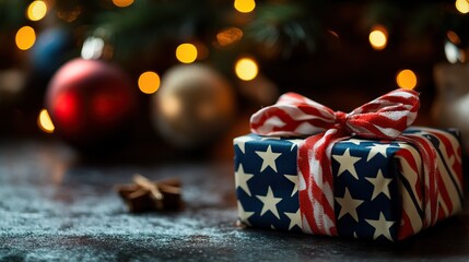 A festive gift wrapped in red, white, and blue, placed on a table with Christmas decorations in the background.