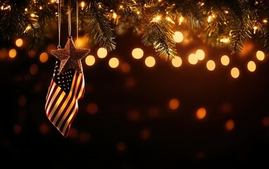 Decorative Christmas background with glowing lights and a festive American flag ornament hanging.