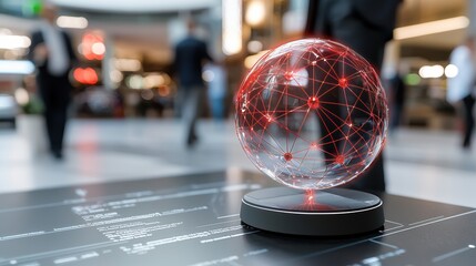 Poster - 3D Network Globe with Red Connections in Busy Lobby