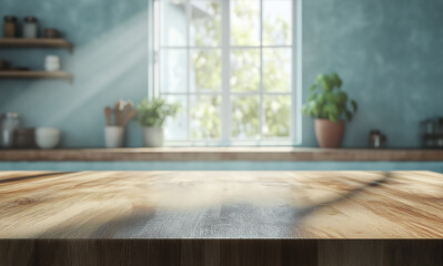 A beautiful, empty wooden tabletop counter in a clean and bright kitchen background, ready for a product display mockup