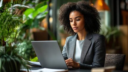 A woman is sitting at a table with a laptop in front of her