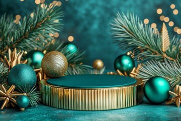 Poster - In the middle of Christmas decorations, an empty green round podium stands among modern product displays.