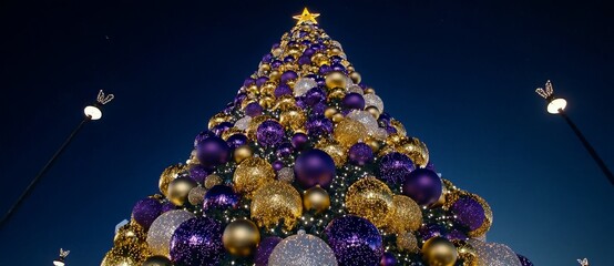 Sticker - Decorative Christmas tree with gold and purple ornaments against a bokeh background