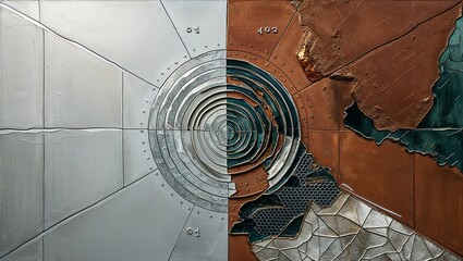 Wall Mural - Abstract artwork with a circular design, one half in silver and the other in rusty brown.