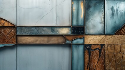 Canvas Print - A close-up shot of a modern art installation featuring a grid of textured tiles in shades of blue, brown, and gold.