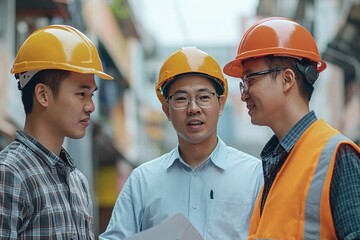 Asian Engineer and Architect Discussing Construction Plans with Builders