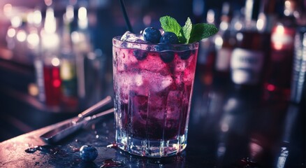 Wall Mural - Vibrant cocktail with blueberries and mint served in a tall glass at a lively bar during the evening