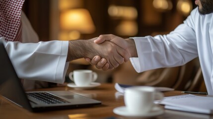 Two individuals in traditional attire engage in a handshake at a small table in a dimly lit cafe. A laptop and coffee cups sit nearby, indicating a productive business discussion unfolding.