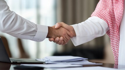 Two business professionals are engaged in a handshake, signaling agreement or partnership during an office meeting